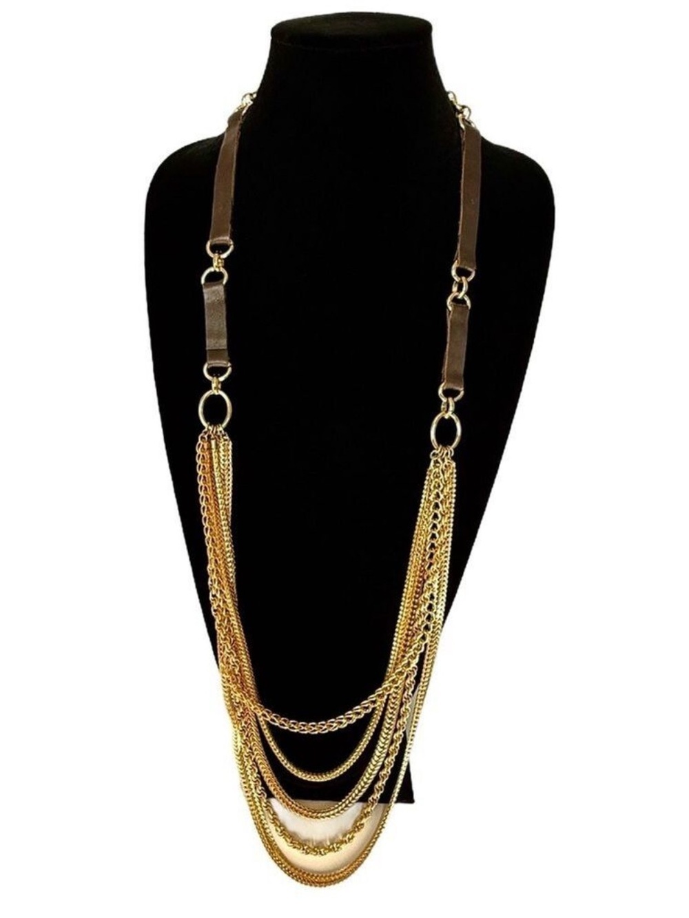 CHICO’S Layered Gold Chain Equestrian Necklace with Leather Strap Accents | NEW